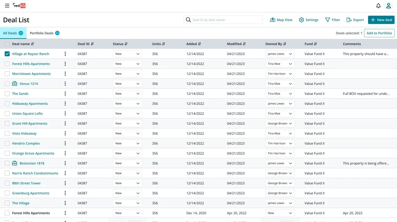 Screenshot of a real estate deal management dashboard showing a list of property deals with details such as deal name, ID, status, units, added and modified dates, owner, fund, and comments.