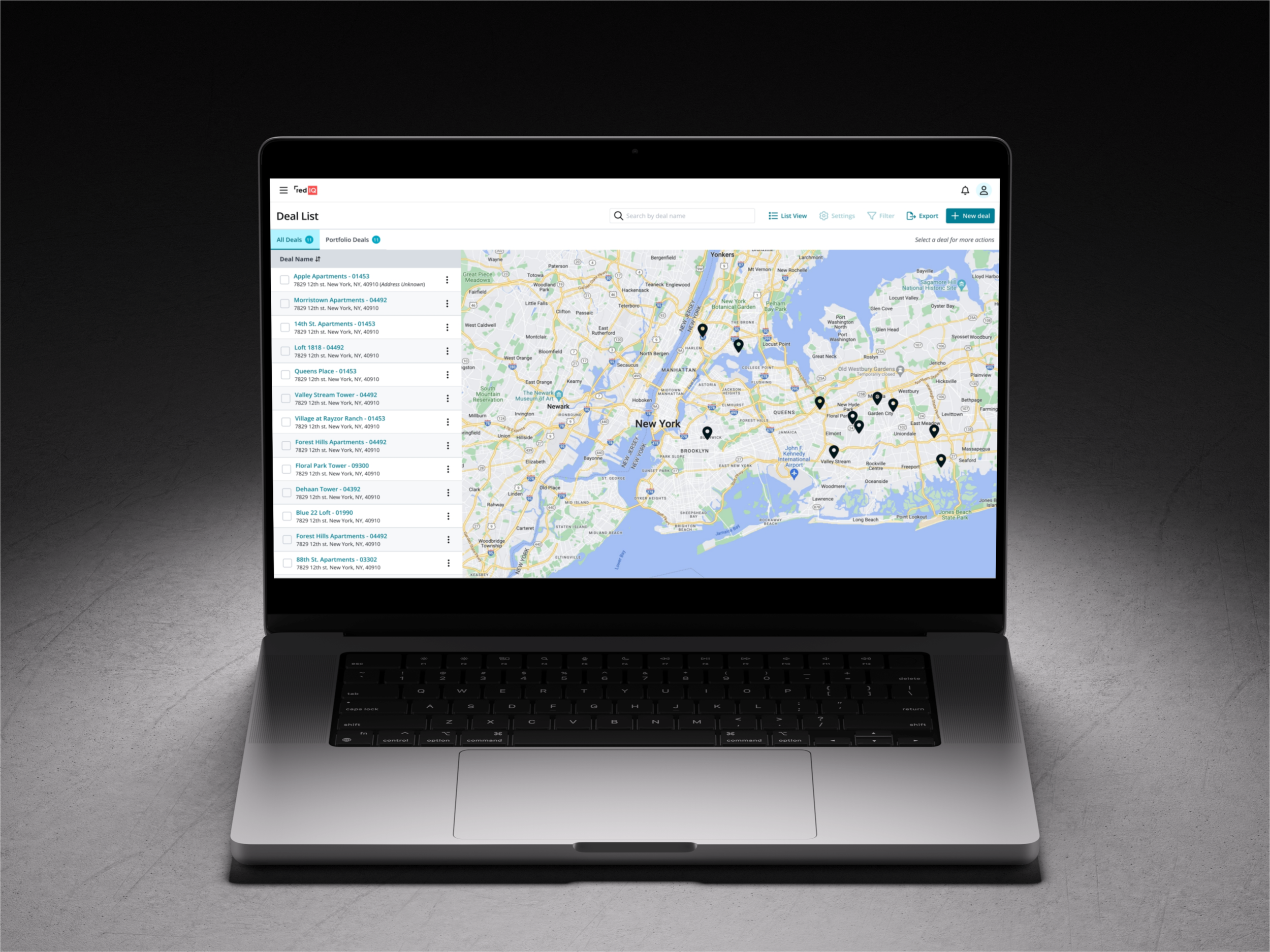 A laptop displaying a map of New York City with marked locations and a list of deals on the left side.