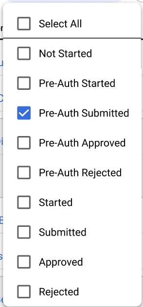 Checklist with multiple options and a blue checkmark on the 'Pre-Auth Submitted' box.