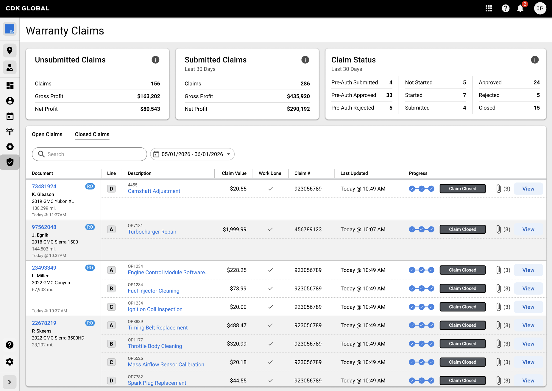 Screenshot of a warranty claims dashboard showing summaries of claims, profit, and claim statuses, along with a detailed list of individual claims with IDs, descriptions, values, and status.