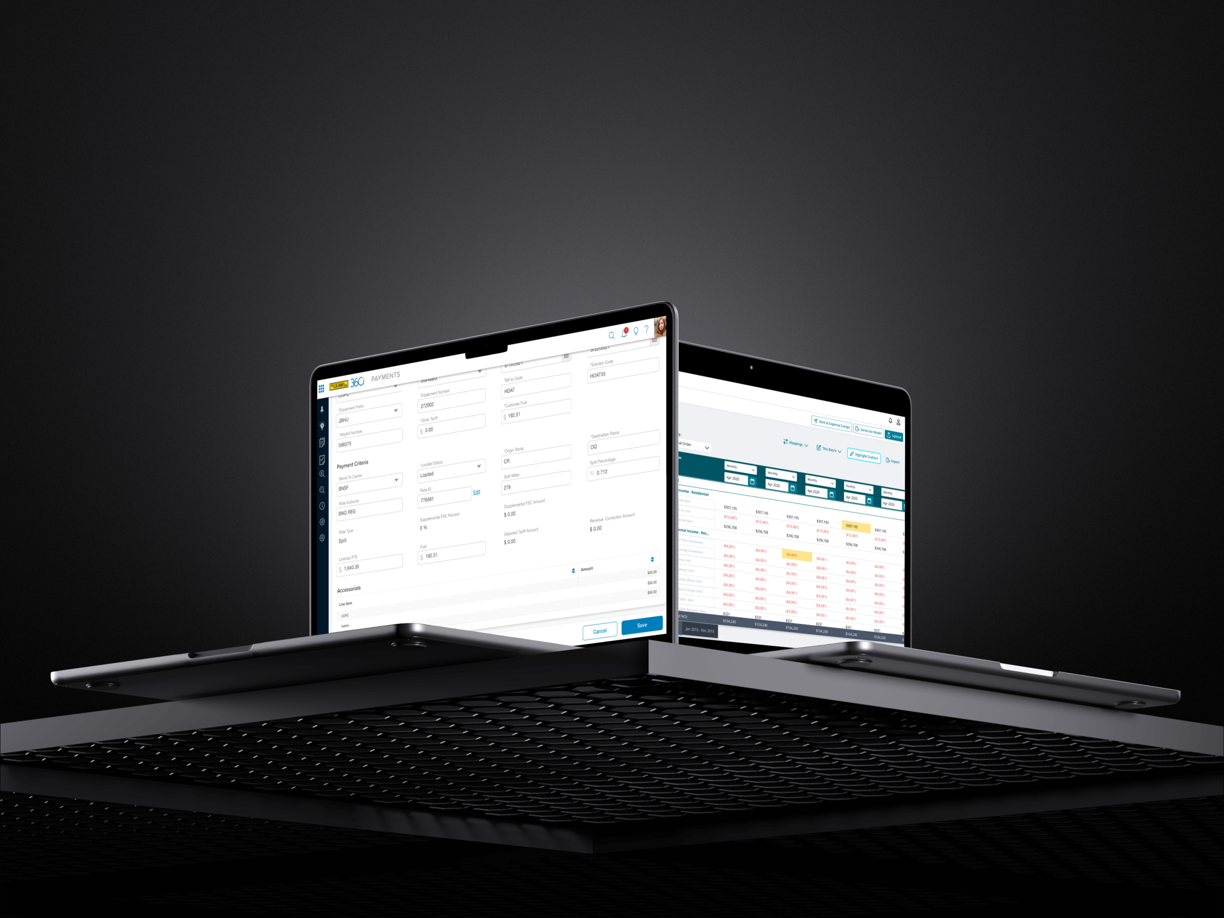 Close-up of laptop screens displaying financial or data management software with spreadsheets and entries.