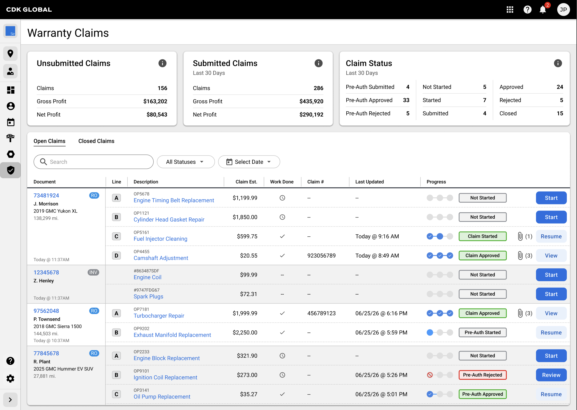 Dashboard displaying warranty claim data including sections for unsubmitted claims, submitted claims, claim status, and a list of individual warranty claims with details such as claim number, description, estimated cost, status, and work completed.