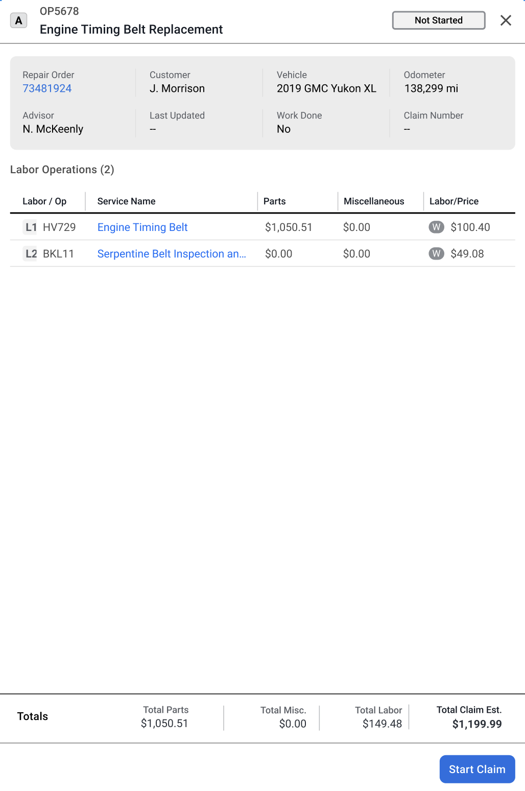 Vehicle repair invoice for engine timing belt replacement on a 2019 GMC Yukon XL, showing repair order number, customer name J. Morrison, vehicle details, labor operations listing engine timing belt and serpentine belt inspection, with costs and totals.