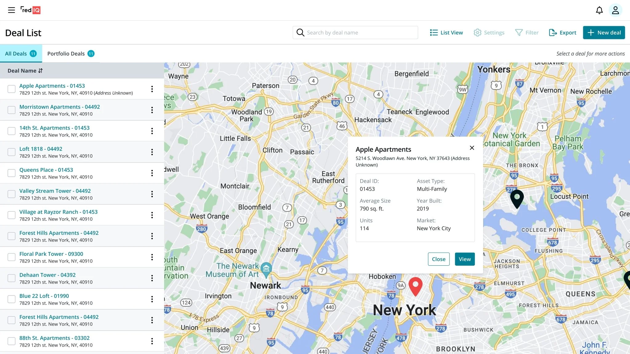 Screenshot of a real estate deal management software showing a map of New York City and a list of property deals, including apartment and tower listings with details.