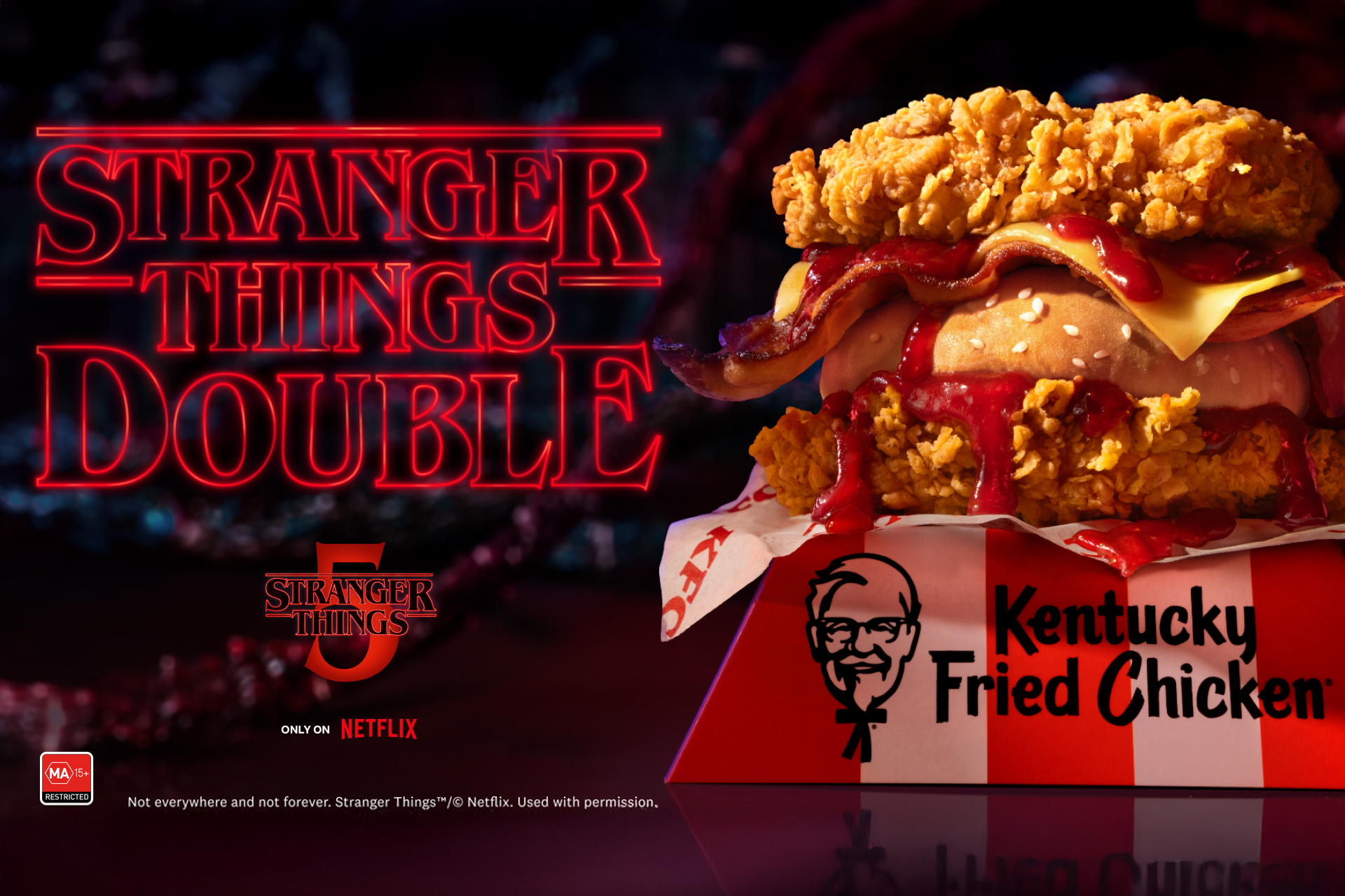 A promotional image for Netflix's Stranger Things 5 featuring a fried chicken sandwich with fried chicken, bacon, cheese, and ketchup in a red and white container with the Colonel Sanders logo. The background has the Stranger Things logo in red neon style.
