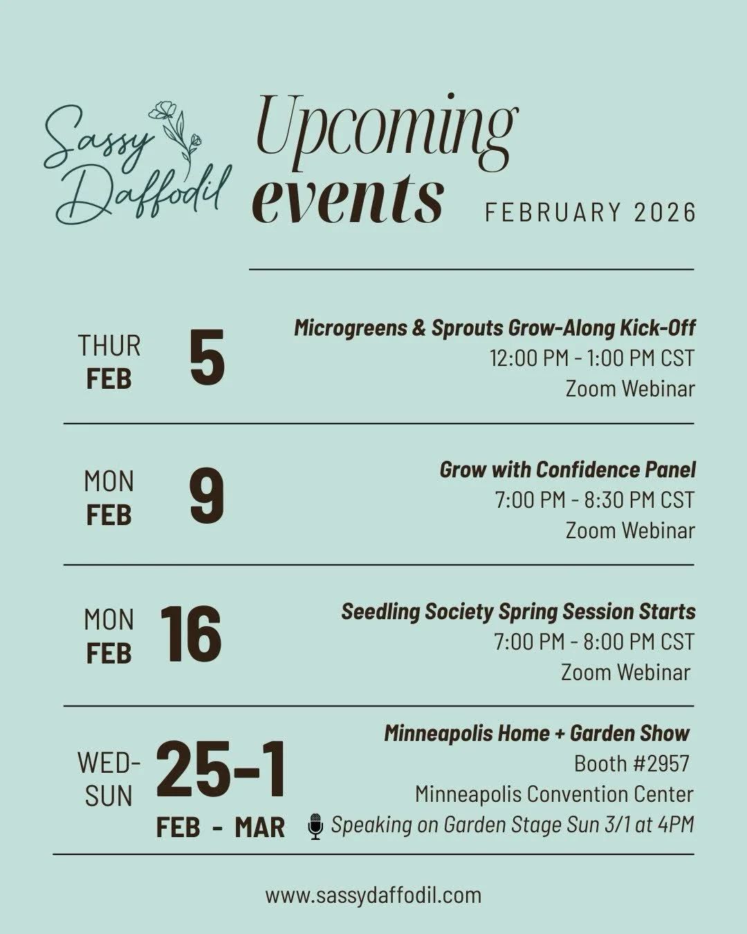 Sassy Daffodil is excited to launch New Education &amp; Community Events in February. 

Scroll through to see more details about each one. 

Check out my rock star collaborators and give them a follow. Better yet, join us on Feb 9th!

Register and le