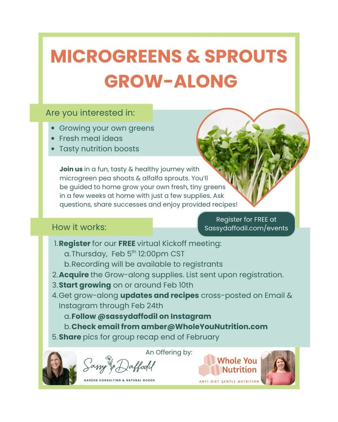 Grow-Along with Amber from Whole You Nutrition &amp; me! You can grow alfalfa sprouts in a jar or pea shoot microgreens or Both! We&rsquo;ll help you! And, you only need a few supplies to grow your own food at home inside!

We&rsquo;ll hold a webinar