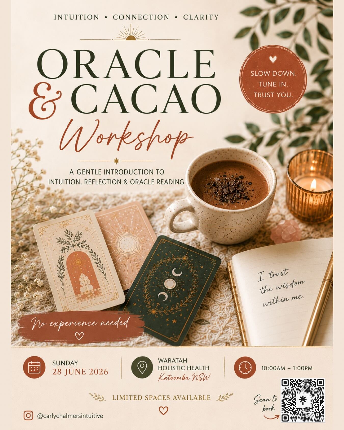 Join me for a gentle afternoon of intuition, reflection and connection

In this beginner-friendly Oracle &amp; Cacao Workshop, we&rsquo;ll explore oracle cards, intuitive awareness, guided practice and reflection in a supportive and welcoming space

