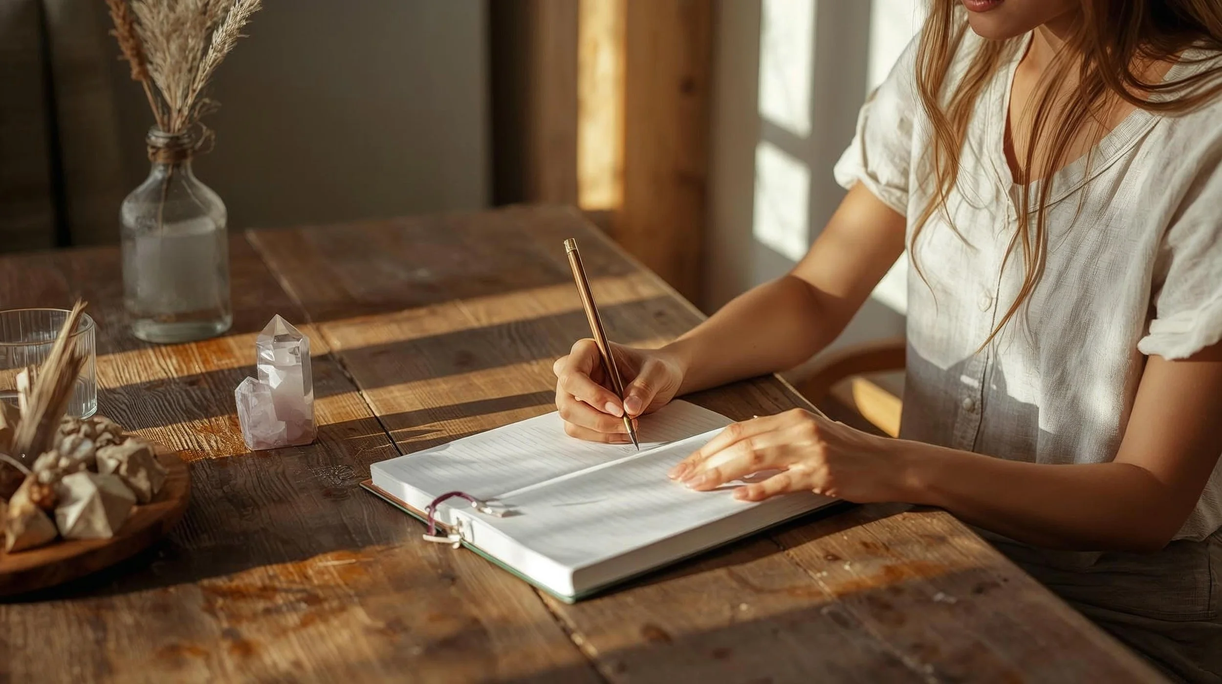 women reflecting in her journal