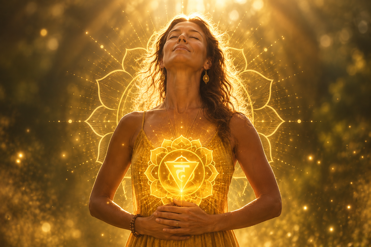 women breathing in with golden glow and chakra symbol