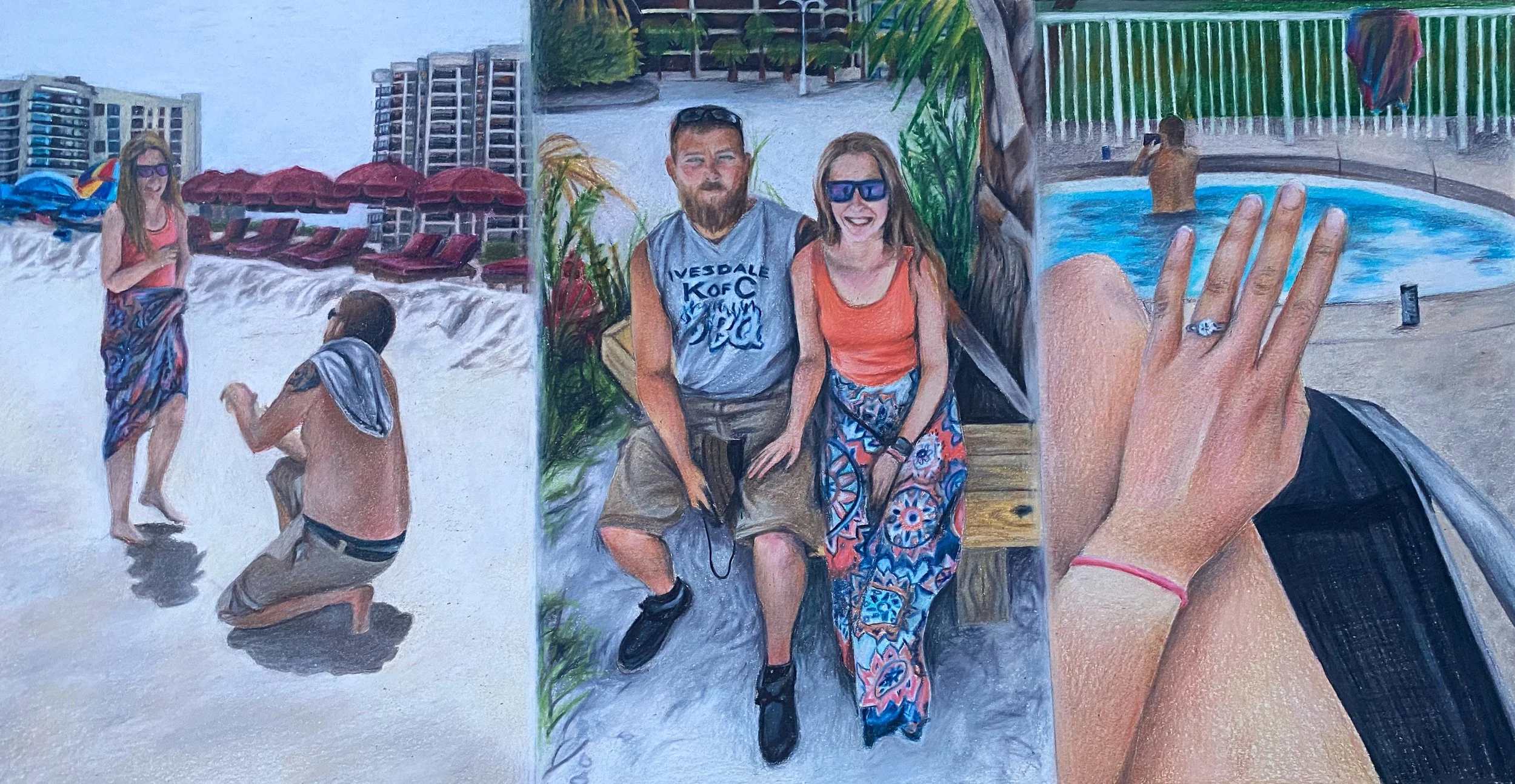 A collage of three scenes: on the left,  a man kneeling on the beach, with several umbrellas and high-rise buildings in the background; in the middle, a man and woman sitting together outdoors, smiling at the camera, with greenery around them; on the right, a person  with their hand showing a ring