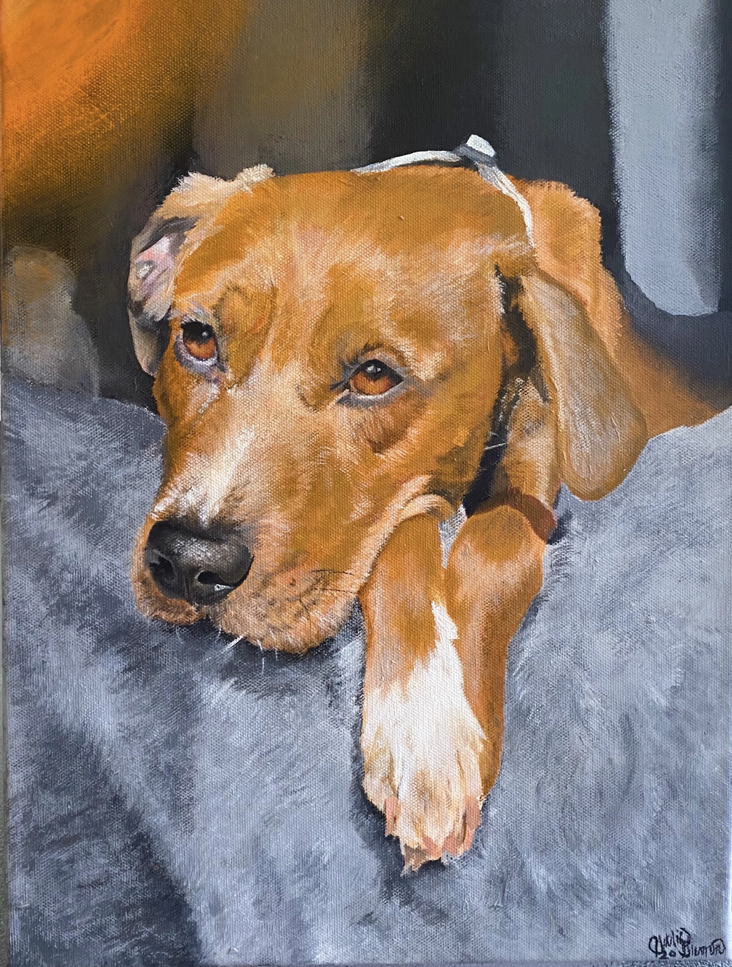 Painting of a brown dog laying on a gray surface with its head resting on the surface, looking relaxed.