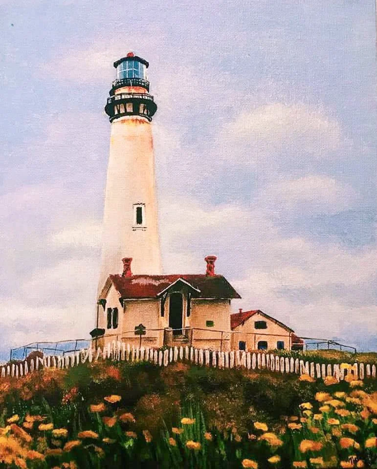Painting of a lighthouse on a hill with a small house, surrounded by a white picket fence and yellow flowers, under a cloudy sky.