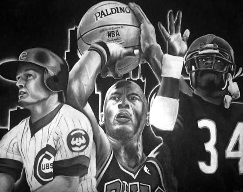Black and white mural of Chicago Athletes, In charcoal