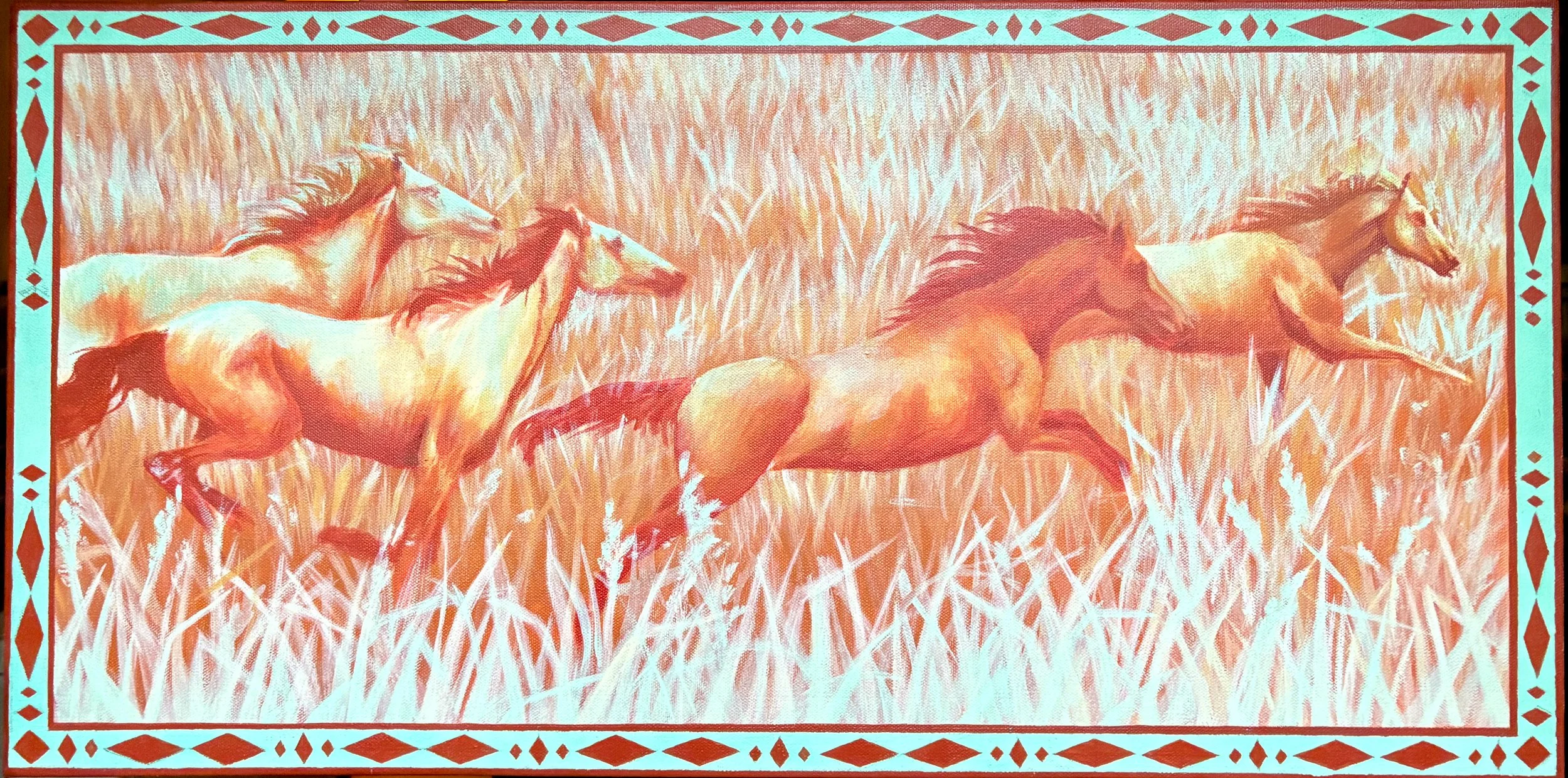 Painting of six horses running through a grassy field, surrounded by a decorative border.