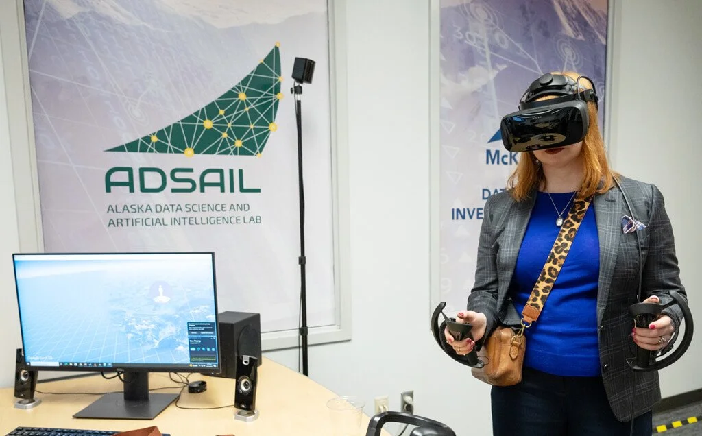 Woman wearing virtual reality headset.