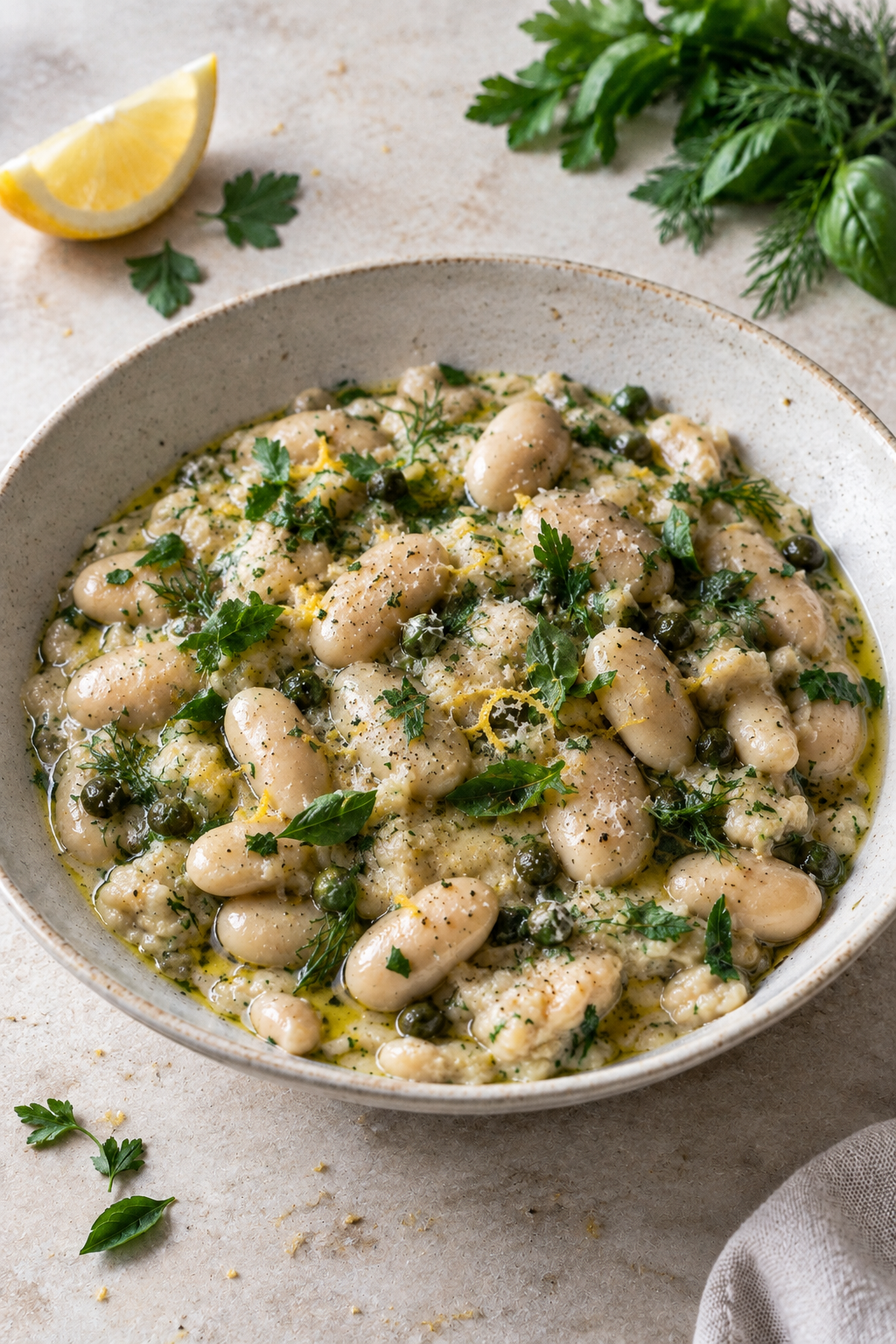 A bowl of Creamy lemon, garlic & herb butter beans on a creamy colouredstone surface