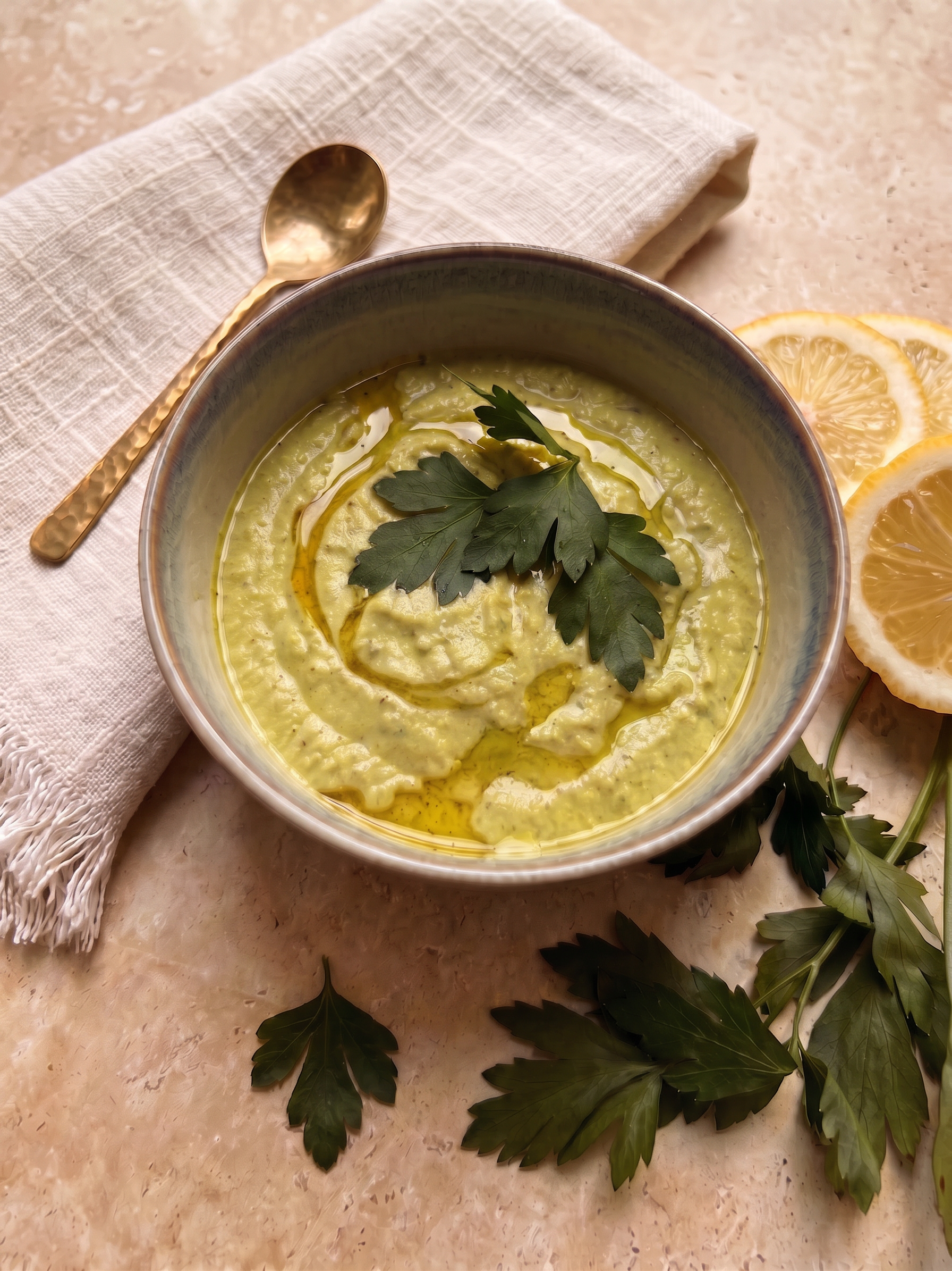 Bowl of olive and feta dip garnished with parsley