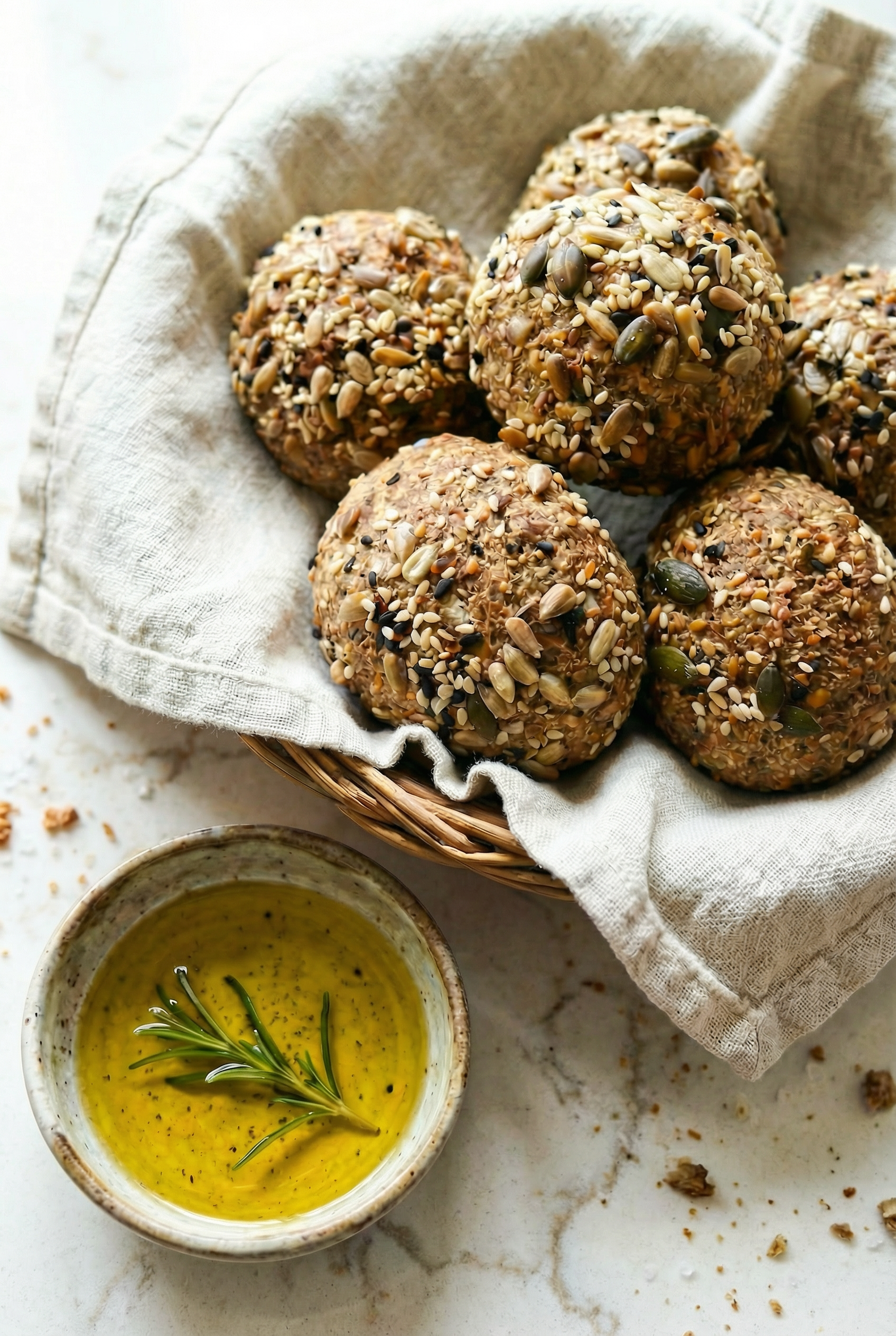 A basket of seeded brad rolls next to a pot of olive oil and a sprig of rosemary