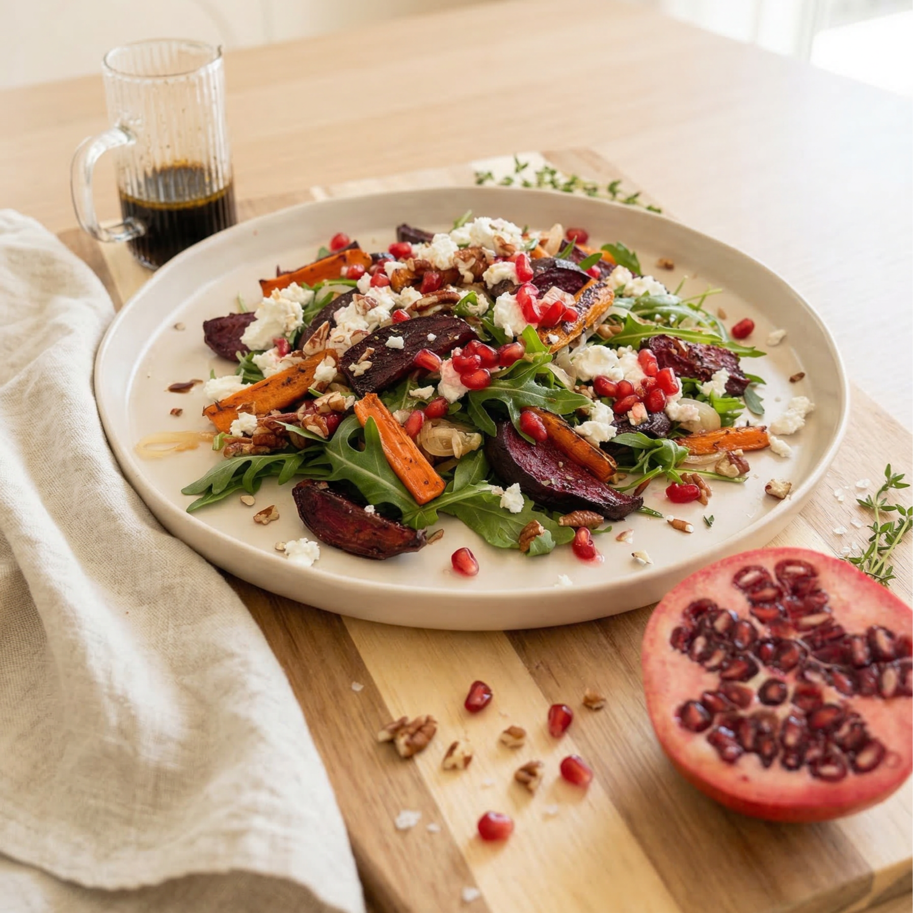 Warm Beetroot, Pomegranate & Goat’s Cheese Salad with Wild Rice ona. cream plate