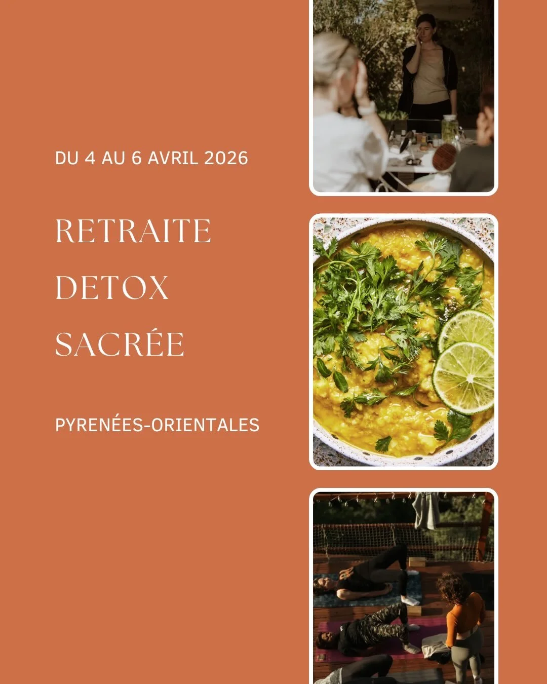 Retraite D&eacute;tox Sacr&eacute;e &ndash; 4 au 6 avril, Pyr&eacute;n&eacute;es-Orientales ✨

Un week-end hors du temps pour purifier le corps, apaiser l&rsquo;esprit et te reconnecter profond&eacute;ment &agrave; toi-m&ecirc;me.

🌿 Au programme :
