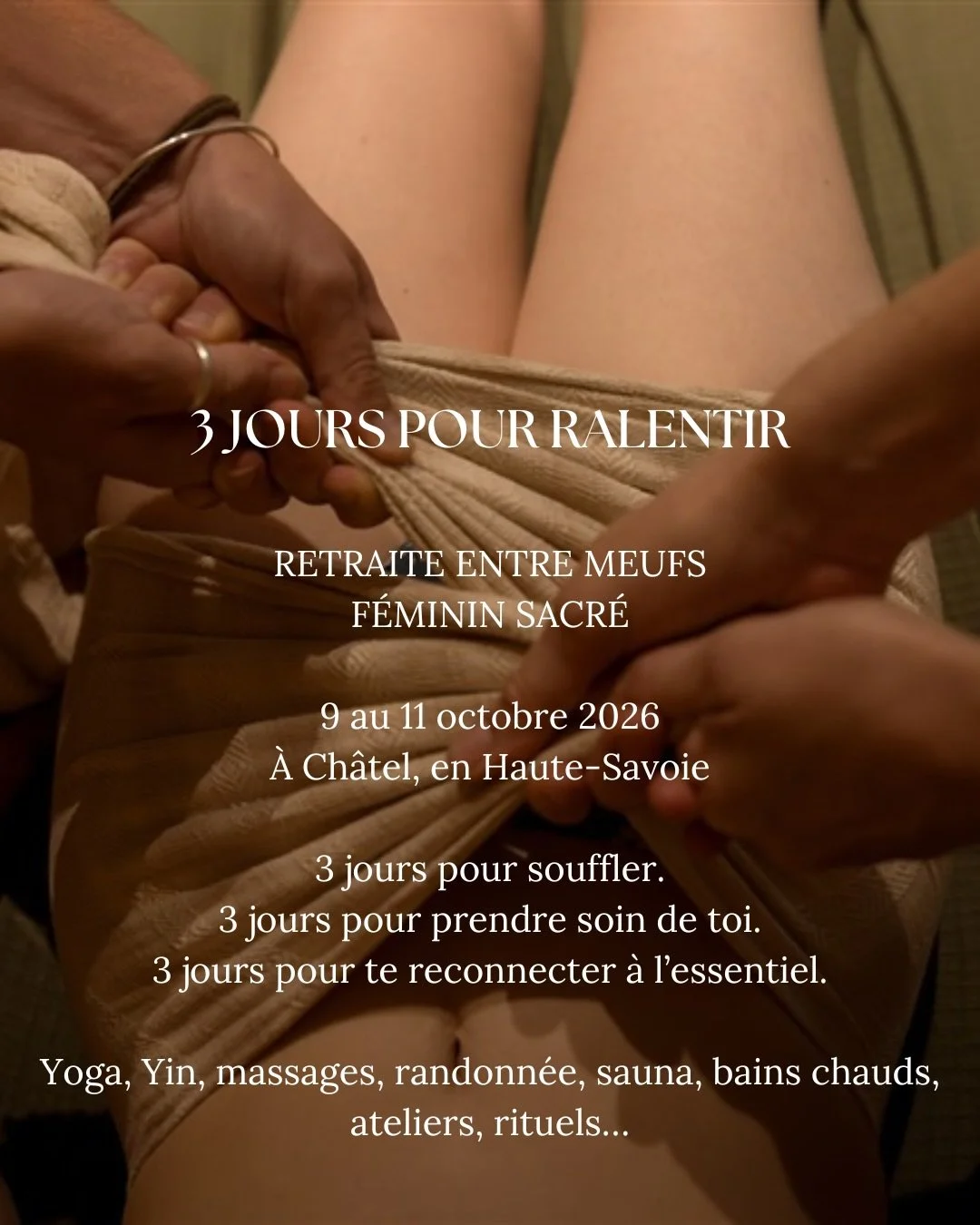 Du 9 au 11 octobre, on vous emm&egrave;ne &agrave; Ch&acirc;tel, en Haute-Savoie, pour une nouvelle Retraite entre Meufs.

Trois jours pour ralentir, prendre soin de toi, te reconnecter &agrave; l&rsquo;essentiel et partager de pr&eacute;cieux moment