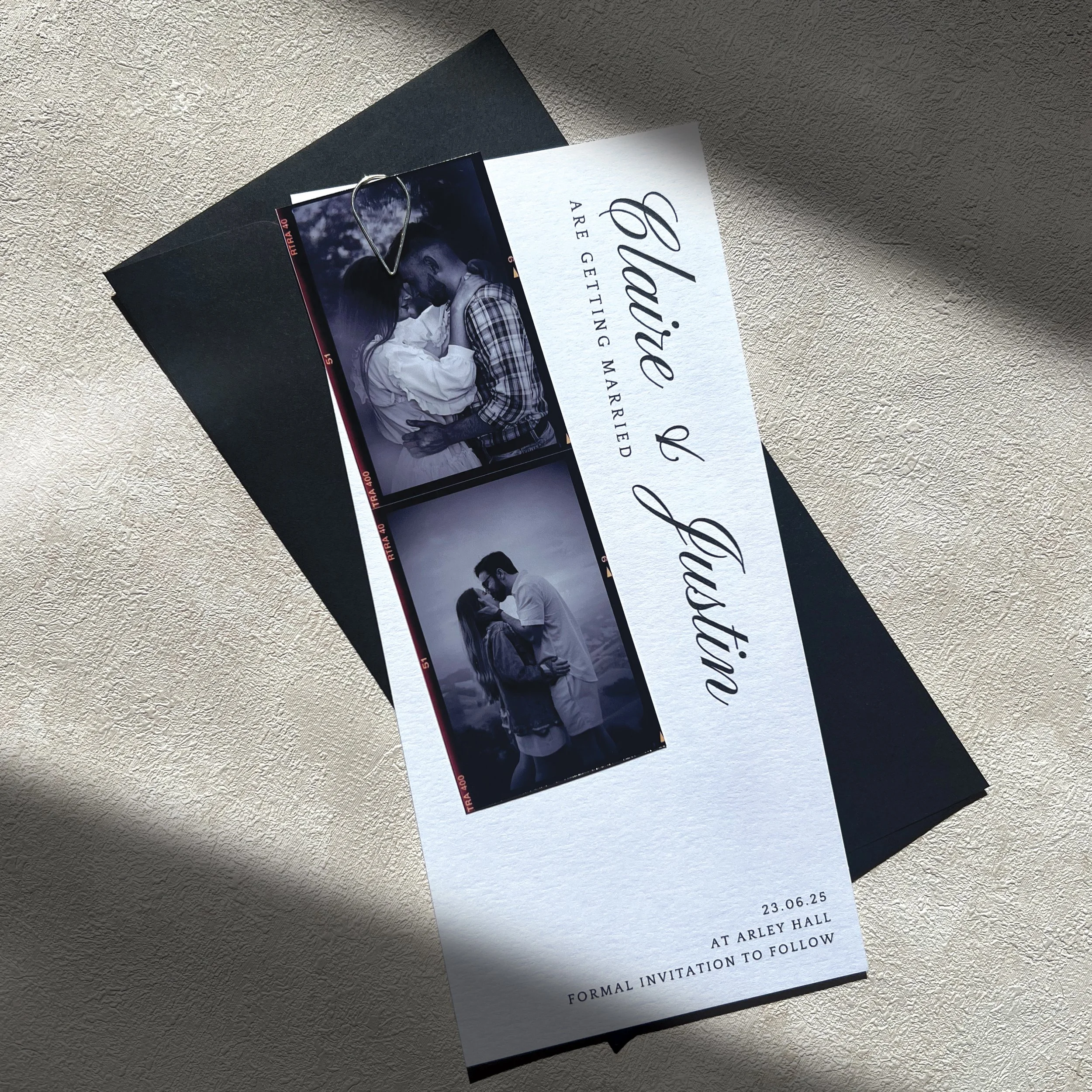 Personalised, bespoke wedding save the date invitation with photo strip - made by Harts Studio