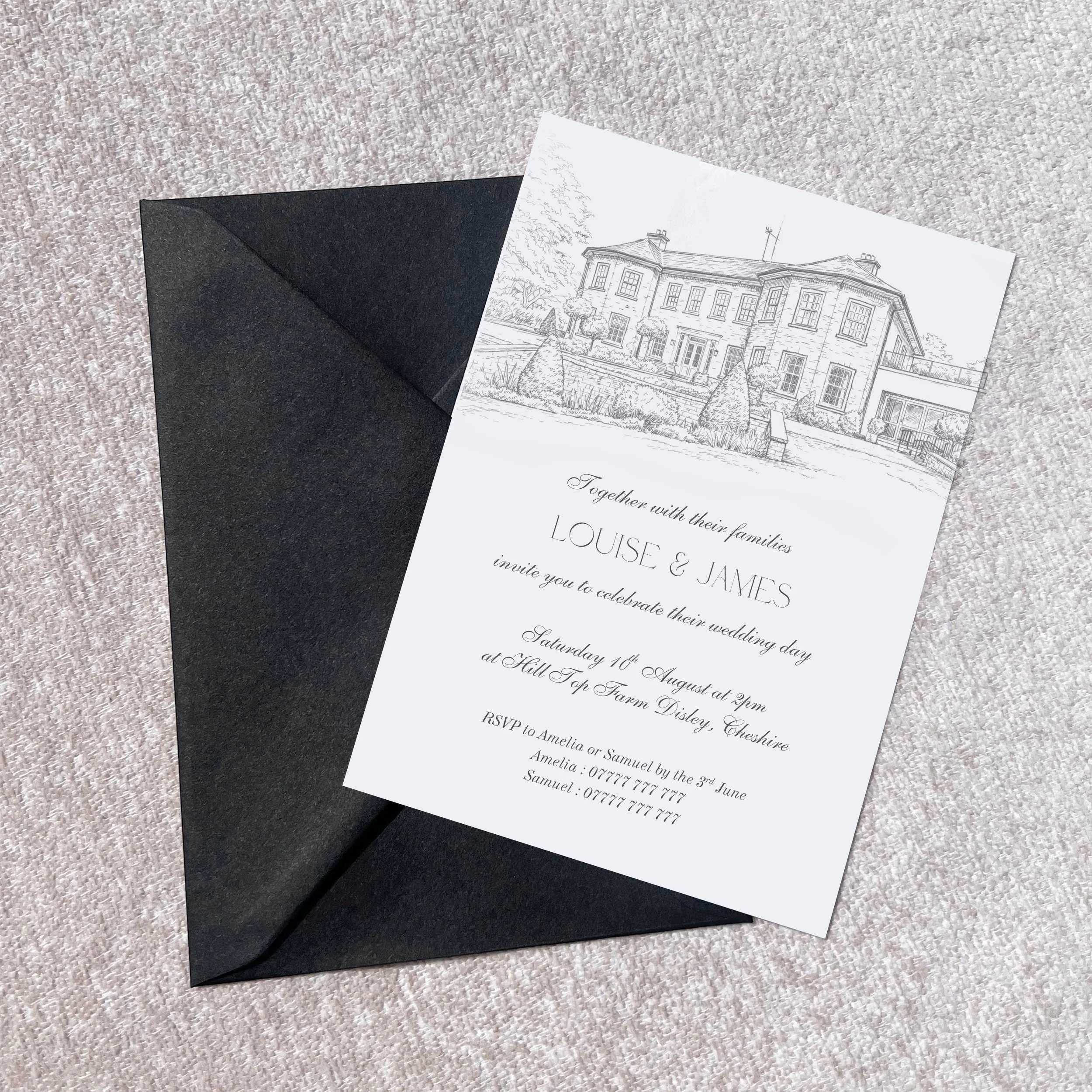 Personalised, luxury wedding invitation with bespoke venue illustration sketch