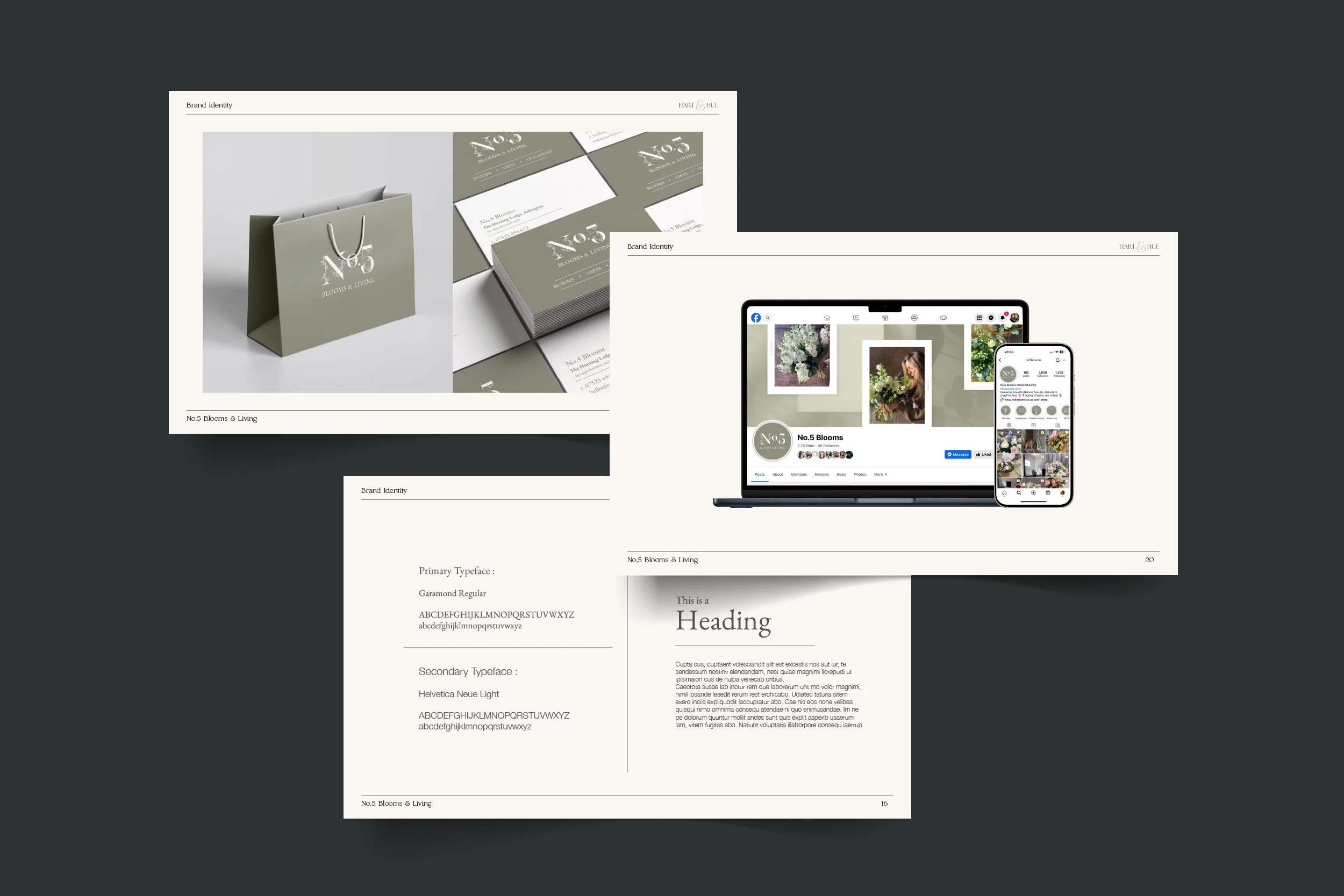Collage of branding materials for No.5 Blooms & Living, including a paper shopping bag, business cards, a Facebook page on a laptop and mobile phone, and a style guide with typography and a heading section.