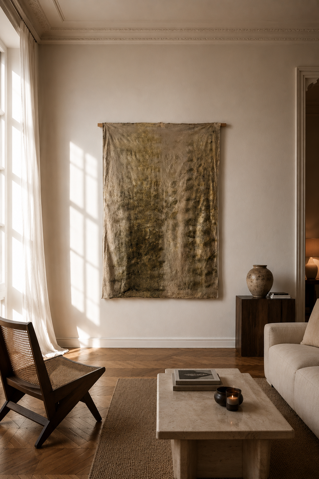 Sala de estar con muro beige, cuadro abstracto en la pared, mesa de mármol, libros y velas en el centro, sillón beige y silla de madera, cortinas blancas, suelo de madera y lámpara a la derecha.