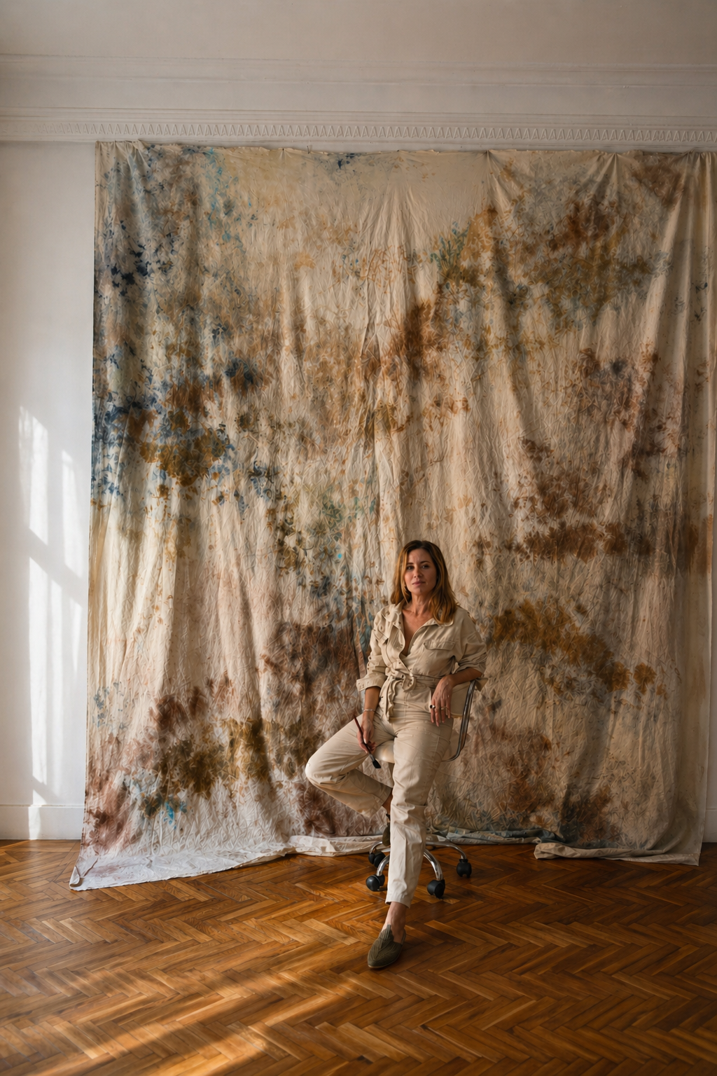 Artista española contemporanea premiada radicada en madrid  frente a obra de gran formato encargada a medida para una casa en La Moraleja  en tonos tierra y azul, en una habitación con suelo de parquet de madera.