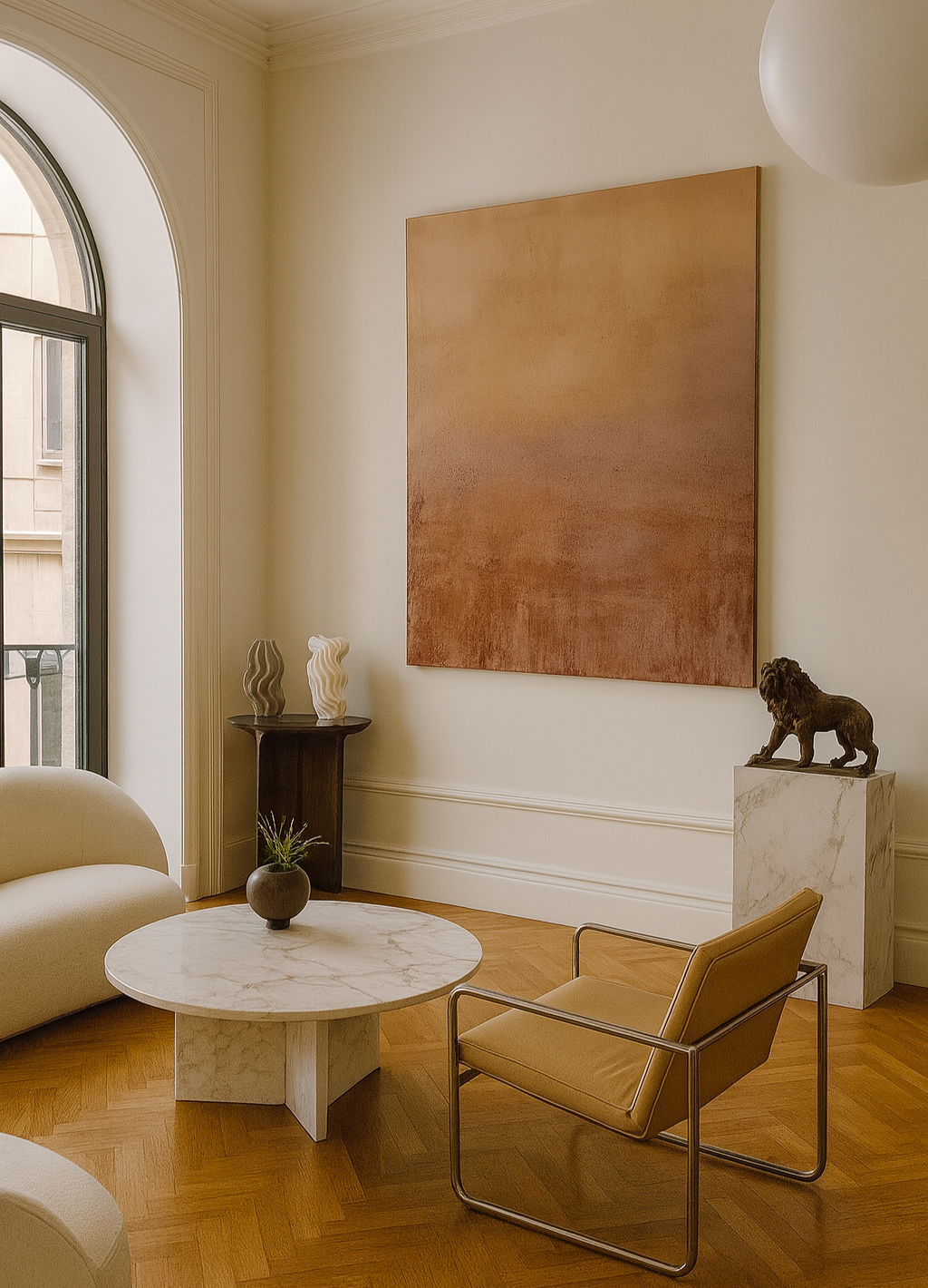 Sala de estar elegante con ventanales grandes, mesa de mármol, sillas de diseño moderno, cuadros y esculturas decorativas, y piso de madera.