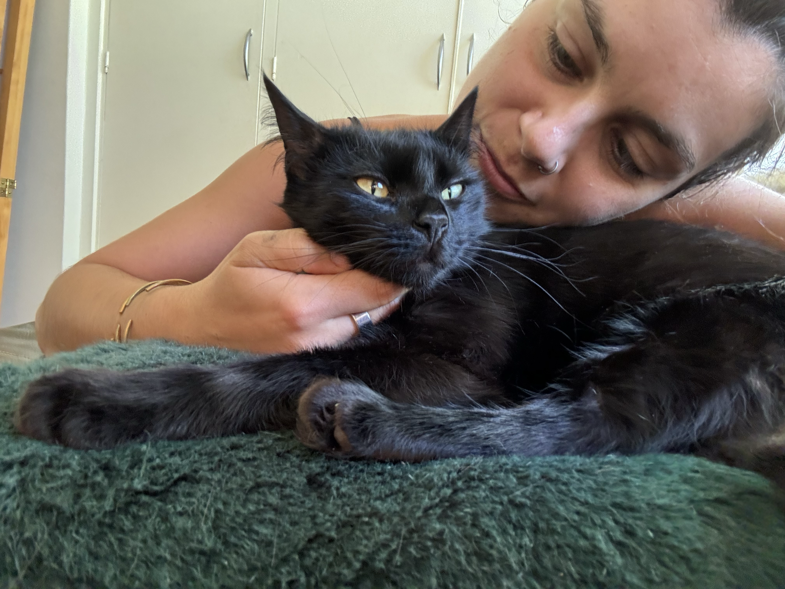 A person with dark hair and a septum piercing gently holds a black cat with yellow eyes on a green surface, both lying down inside a home.