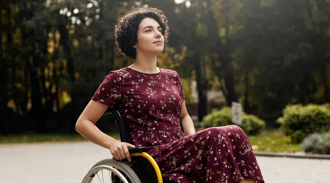 Mujer joven con silla de ruedas en entorno natural, turismo accesible en La Vera, Extremadura