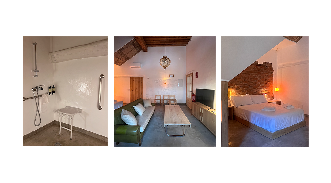 Ducha adaptada con asiento y asideros en el Apartamento 3 accesible de Apartamentos Garabata, Villanueva de la Vera.