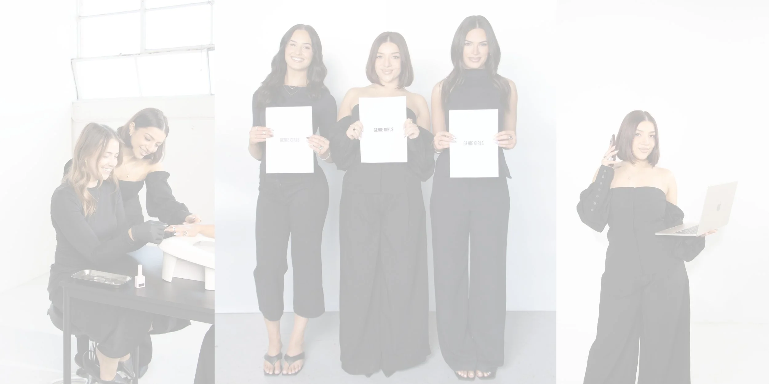 Five women in black clothing in a photo studio, three of whom are standing in the center holding white paper sheets with 'GENIE GIRLS' written on them, and two women are on either side, one sitting at a table with nail polish and tools, and the other holding a laptop and phone.