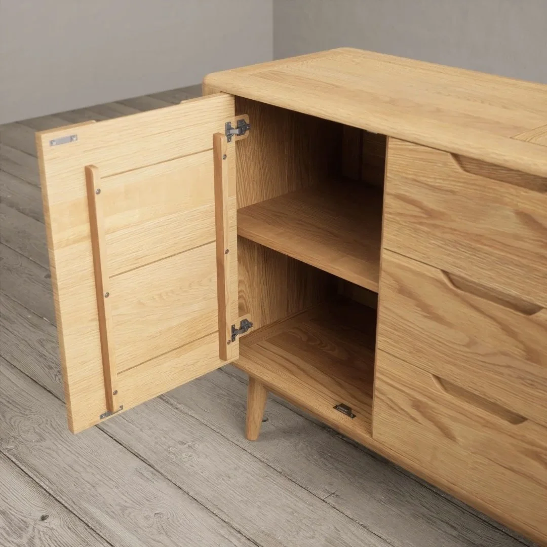 Open wooden cabinet with two shelves, standing on three legs, in a room with wooden floor.