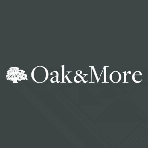 Logo for Oak&More with a tree icon and dark gray background.