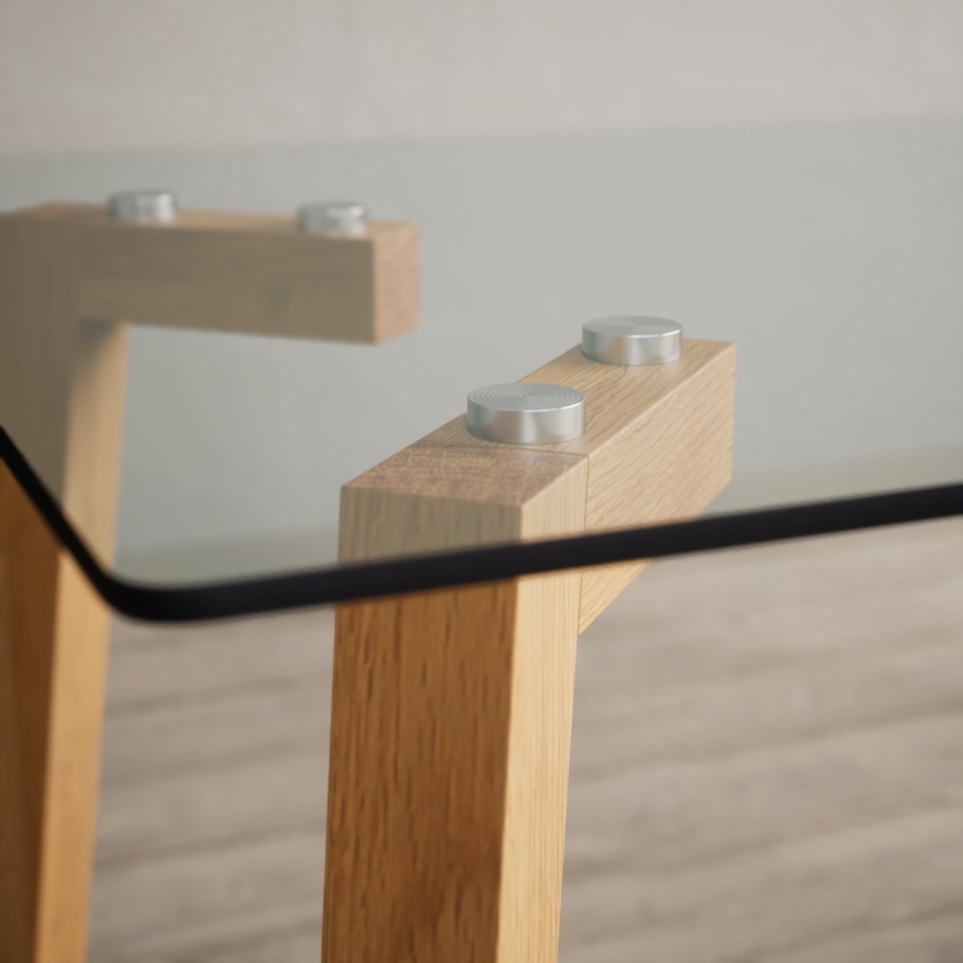 Close-up of a wooden table with metal knobs on its surface, viewed through a black metal frame.