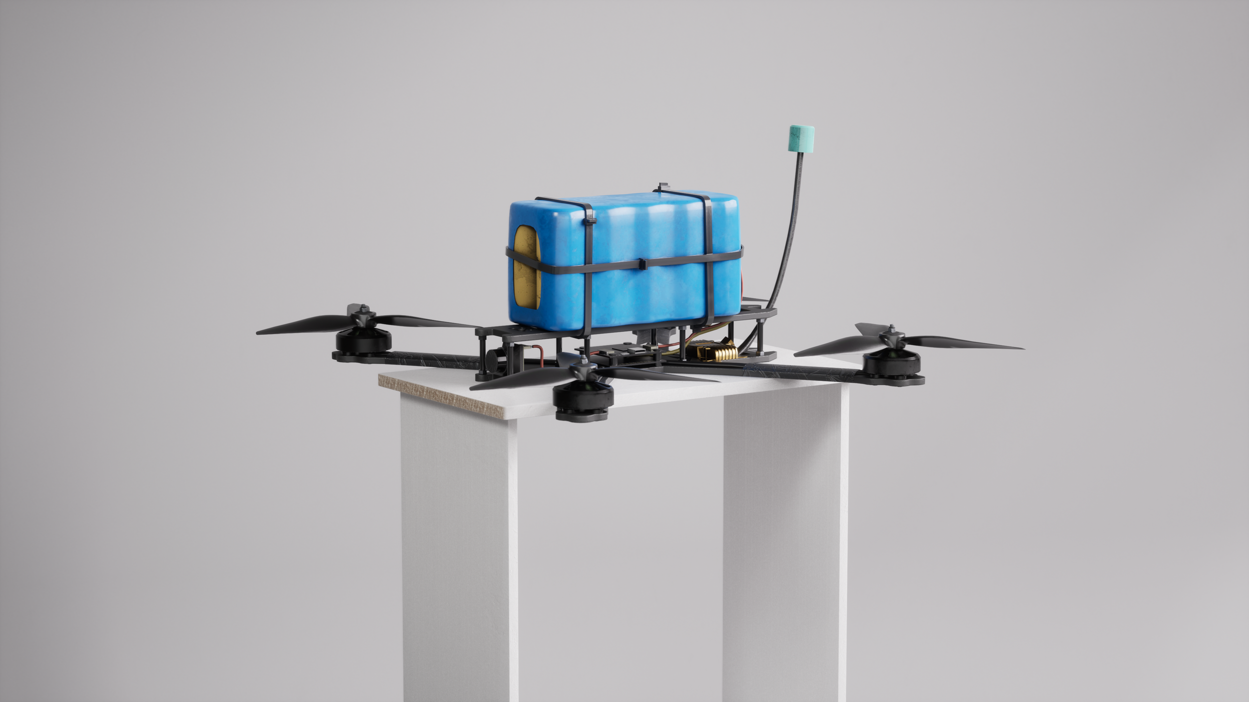 A drone with four propellers carrying a rectangular blue water container on a white stand against a gray background.