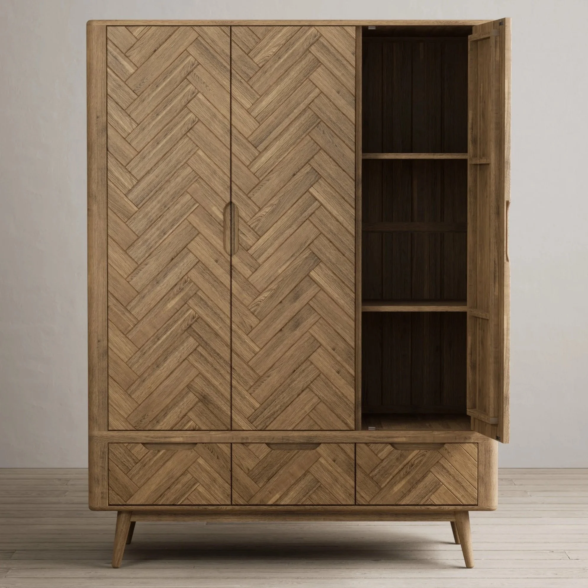 Wooden wardrobe with a chevron pattern, partially open revealing shelves inside, standing on four angled legs.