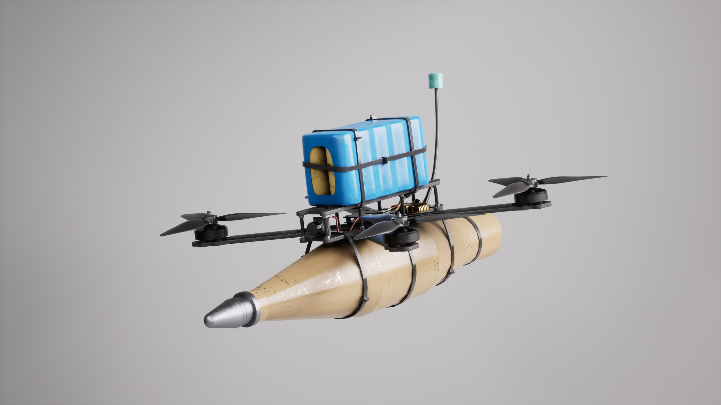 A drone with a torpedo-shaped body, four propellers, and a blue container mounted on top.