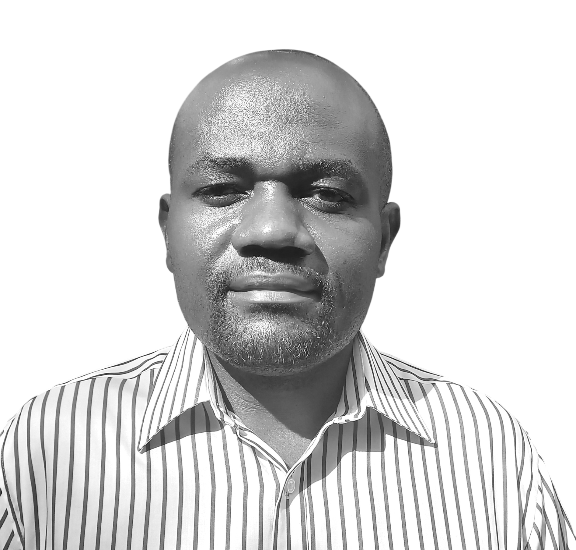 Black-and-white photo of a man with a serious expression, wearing a vertically striped dress shirt, viewed from the shoulders up.