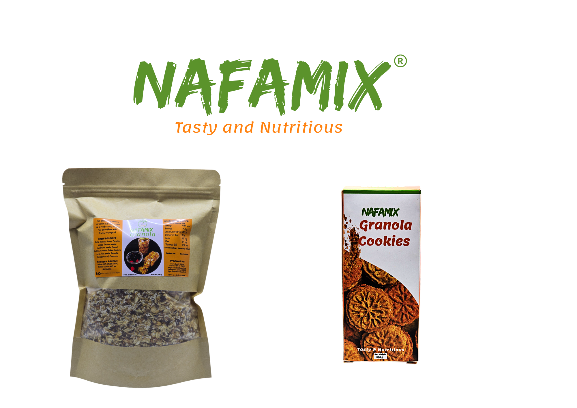 Two packages of NAFAMIX products: a bag of granola and a box of cookies, with slogan 'Tasty and Nutritious' on the packages.