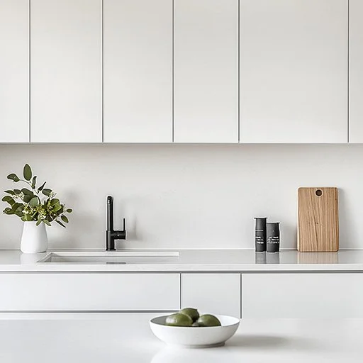 White kitchen featuring minimalist cabinetry, a black faucet, and stylish decor elements for a clean, modern aesthetic. 