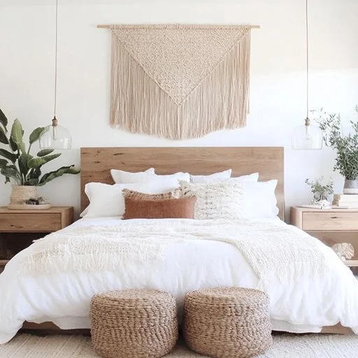 Cozy boho bedroom featuring a wooden bedframe, woven decor accents, macramé wall hanging, and lush greenery for a natural, serene ambiance.