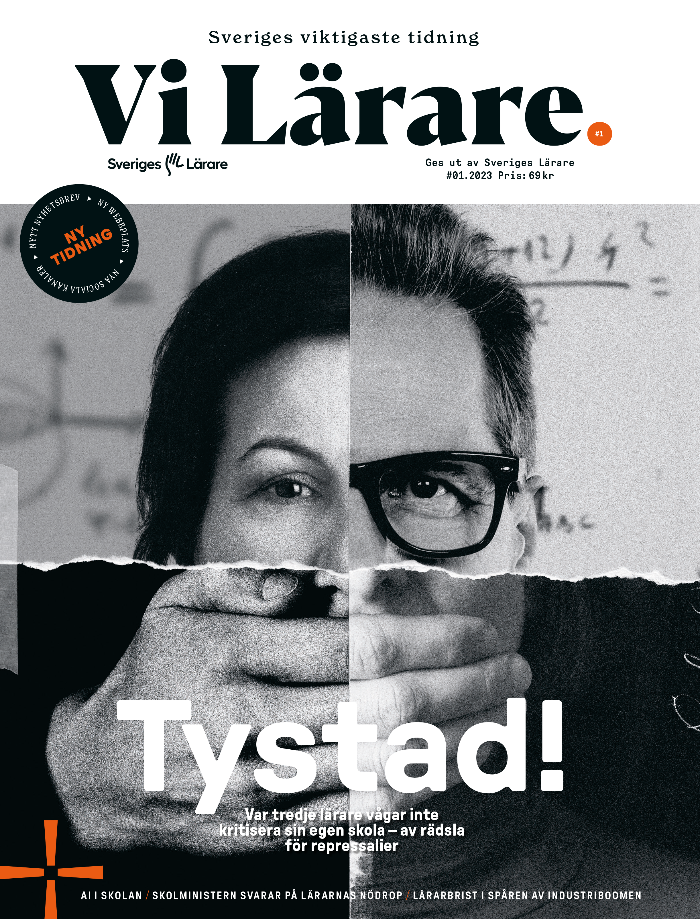 Omslagsbild av en tidning med titeln 'Vi Lärare'. Hälften av foto visar en kvinnas ansikte och hand, den andra hälften en mans ansikte med glasögon, alla i svartvitt. Stor text: 'Tystad!'