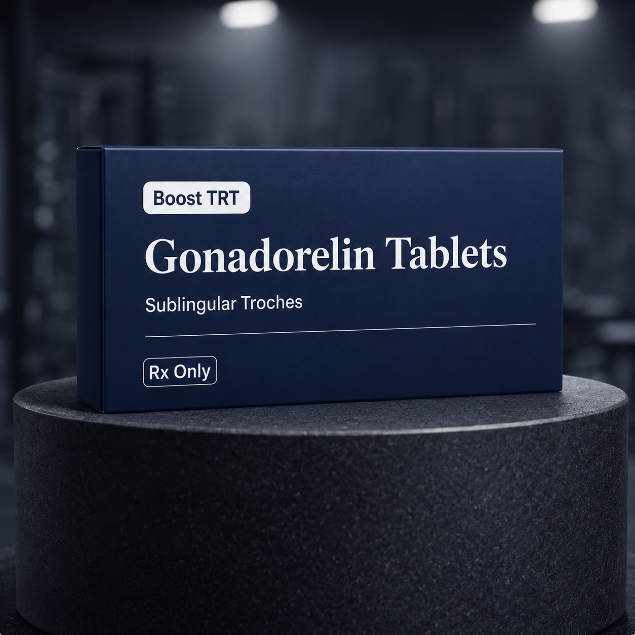 A blue box labeled 'Gonadorelin Tablets' on a black round platform against a dark, blurred background.