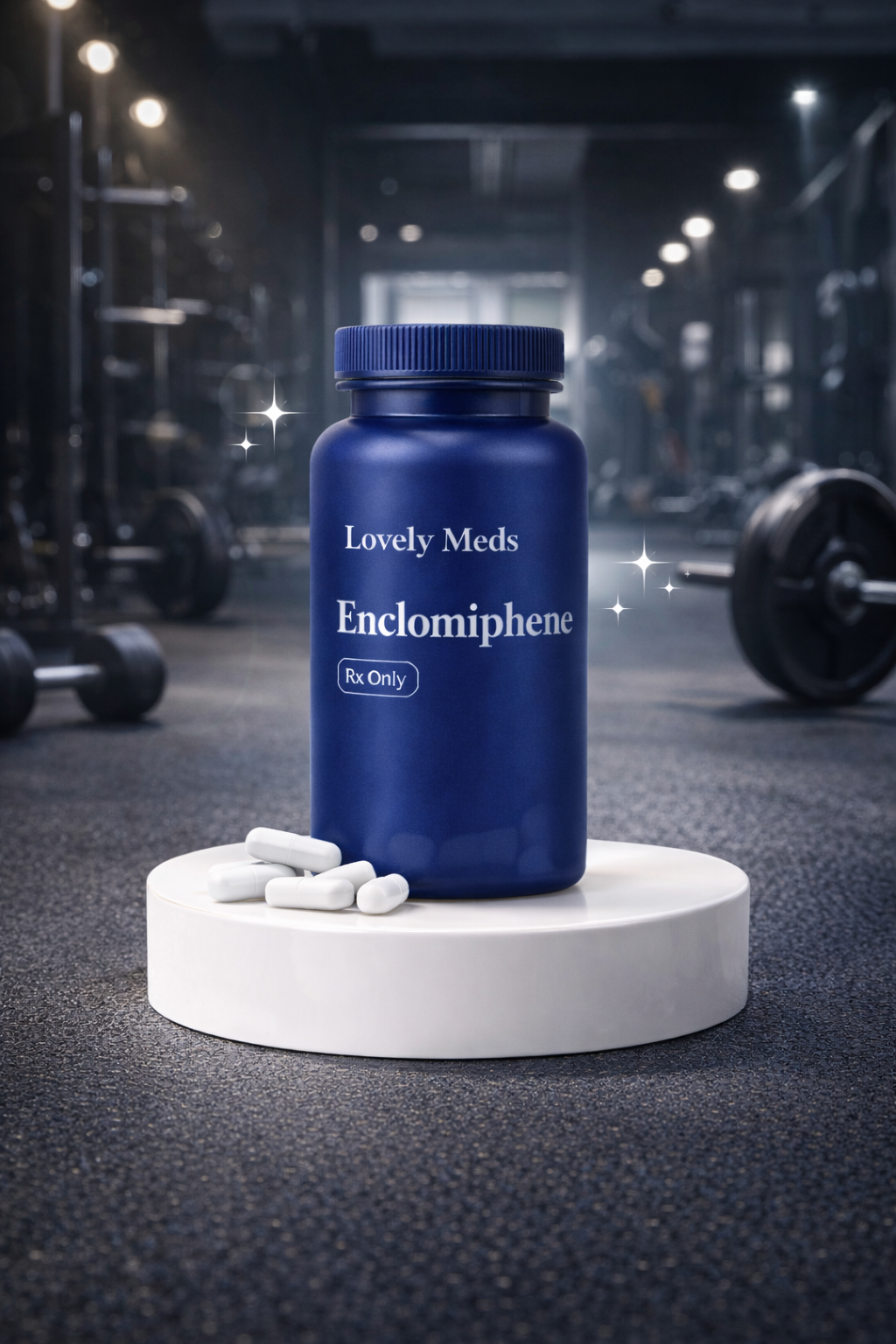 A blue bottle labeled "Enclomiphene" with white pills in front, placed on a white circular platform in a gym setting with weightlifting equipment in the background.