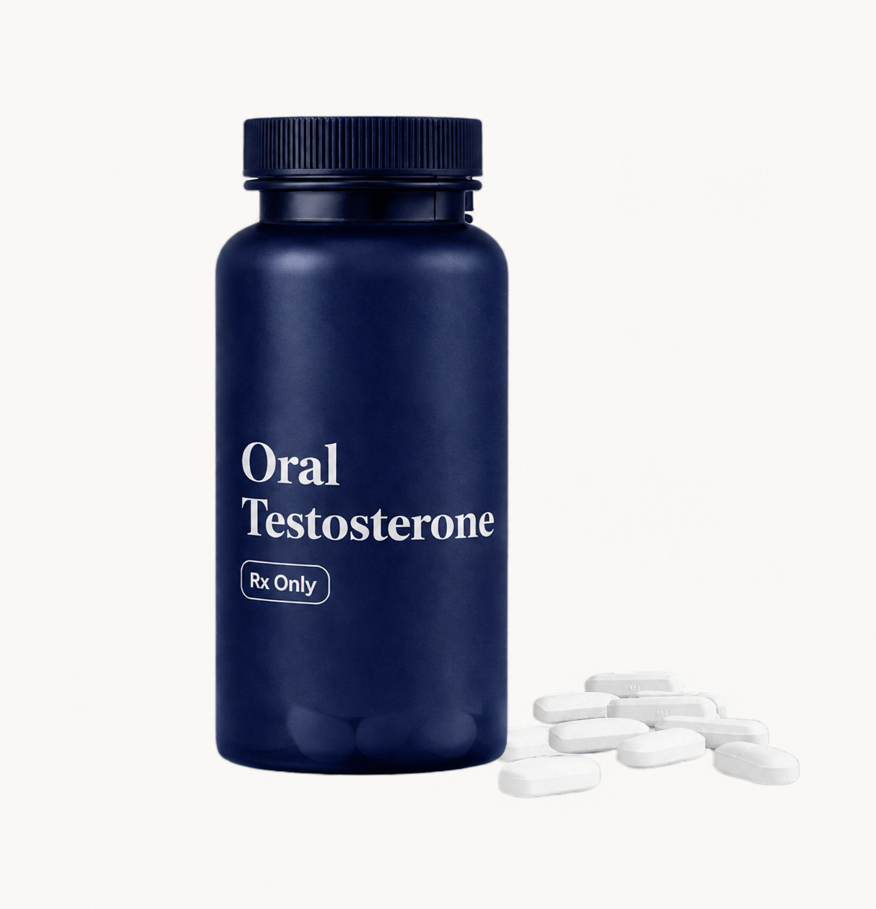 Oral Testosterone bottle with tablets beside